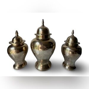 Set of 3 pcs Vintage Solid Brass Urns Vases Ginger Jars with Lids Made in India